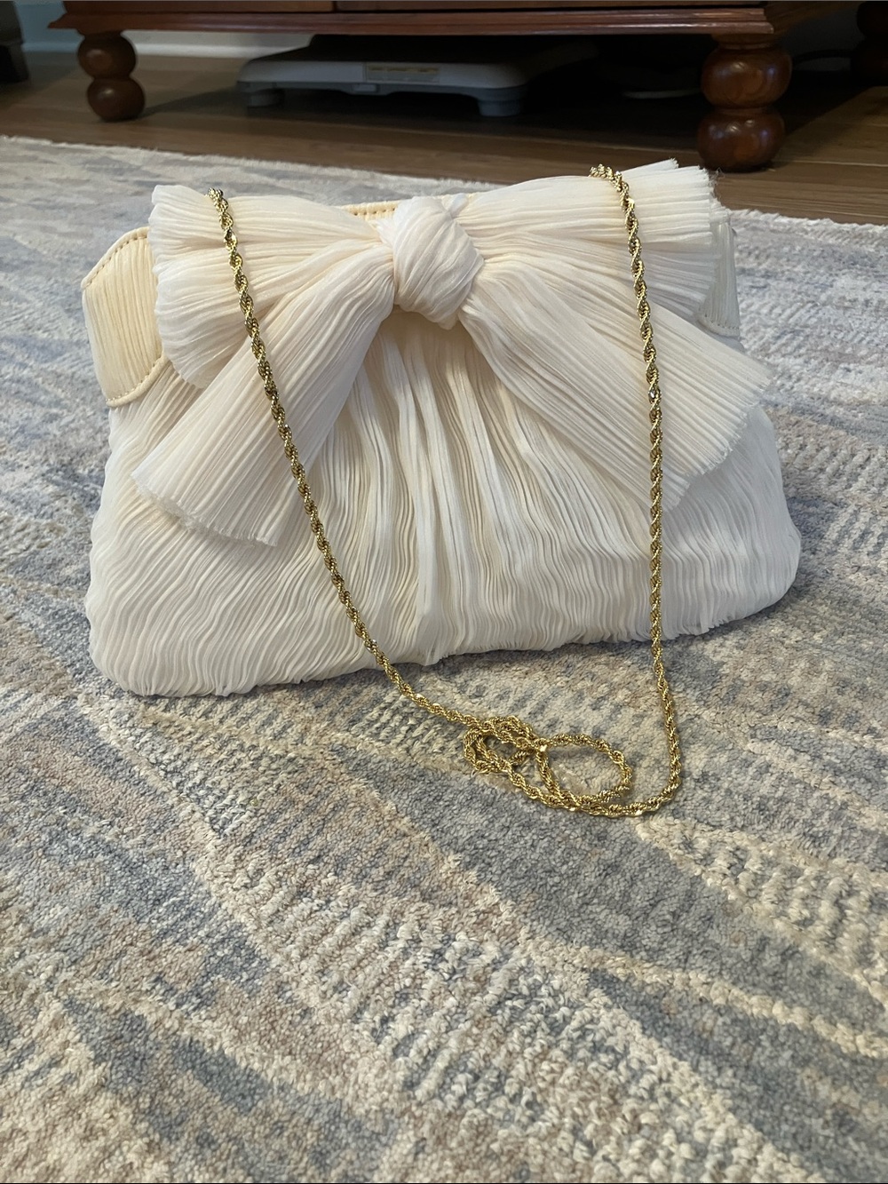Loeffler Randall Rochelle Cream Pleated Bow Clutch with Gold Chain